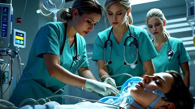 Emergency medical team performing CPR on patient in hospital room with focused healthcare professionals
