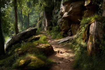 Sunlit Forest Path Through Rocky Terrain