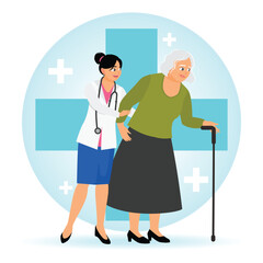 Old Woman With a Cane Receiving Medical Assistance from a Caring Healthcare.