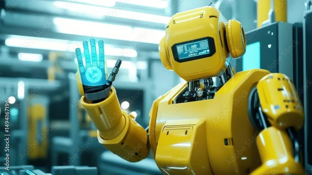 Poster industrial robot performing task in modern factory environment with advanced technology and machiner