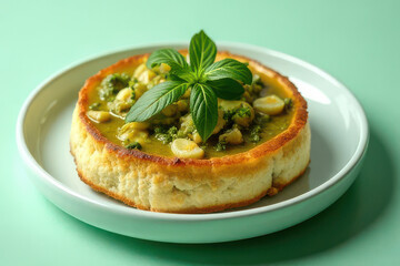 Delicious Thai Green Curry on Mint Background: Clean Food Photography in Golden Hour Radiance