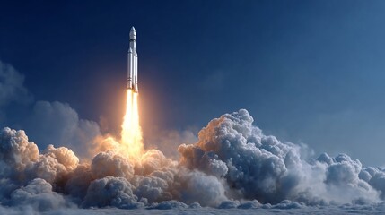Blazing rocket soars through cloudy sky