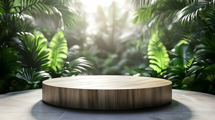 Wooden platform amidst lush tropical foliage.