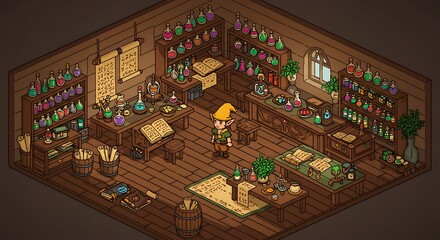 Naklejka premium Pixel Art Alchemist's Shop with Elf