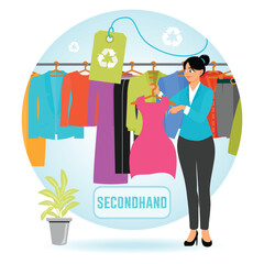 Woman Shopping for Vibrant Secondhand Clothes in a Stylish Boutique Store.