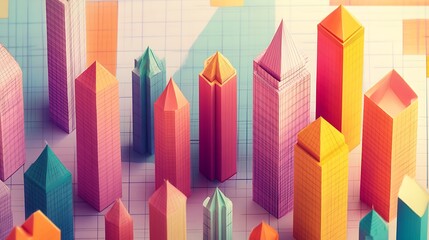 Pencil skyscrapers rising from a digital paper grid