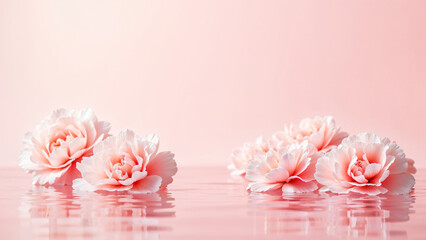 Water background. Pink aqua texture, surface of ripples, transparent, flower, shadows and sunlight. Spa and cosmetic concept background. Flat lay, top view, copy space, banner