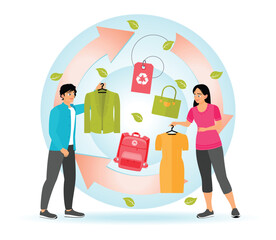 Two Individuals Promoting Sustainable Clothing Exchange for Environmental Awareness.