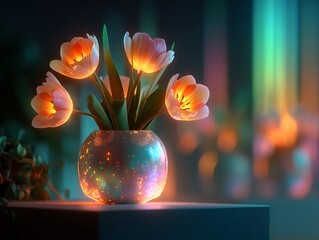 Luminous Tulips in a Glowing Vase on Tabletop