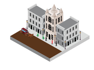 Isometric European Cityscape with Horse-Drawn Carriage
