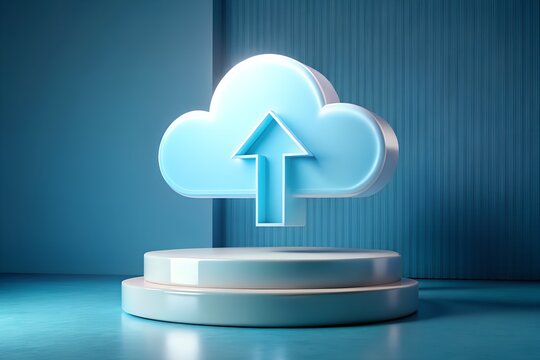 3D render of cloud icon with upward arrow symbolizing data uploading cloud storage digital transfer and online backup