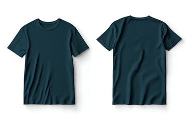 Two dark cyan t-shirts, front and back views, are lying flat on a white background, showcasing the garment s design and color