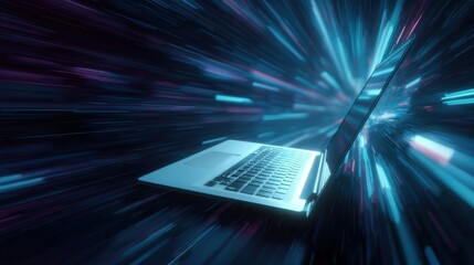 The laptop as a portal emitting the light of data and information communicates the transformative power and incredible speed of modern technology, especially computing and the internet.