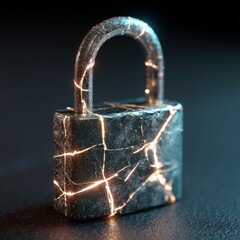 Glowing digital padlock with cracked screen symbolizing cybersecurity vulnerability and data breach risk, concept of online safety and digital protection