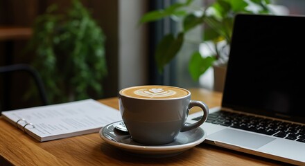 Aromatic Latte Coffee Break Laptop Workspace Cozy Cafe Atmosphere