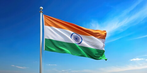 National flag of India waving on a clear blue sky with white and orange colors