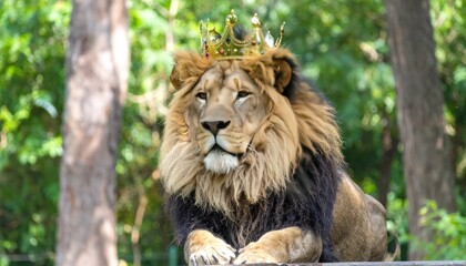 Obraz premium Majestic Lion with Crown: A regal lion, adorned with a golden crown, exudes an air of power and dominance, capturing the essence of the animal kingdom's royalty.