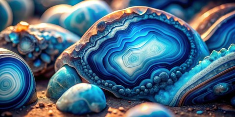 Vibrant blue agate crystals with intricate patterns and swirling shapes in a close-up macro shot, natural world