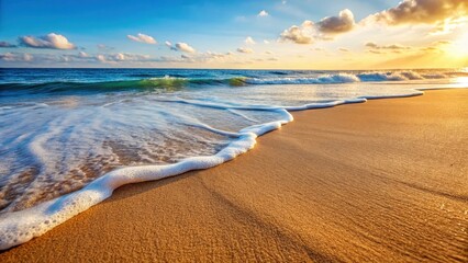 Detailed view of sandy beach with foamy waves in background and gentle ocean breeze