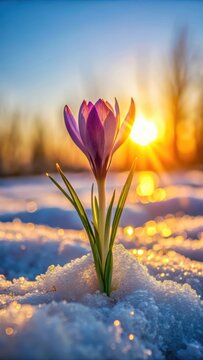 spring crosus blooming through melting snow at sunrise