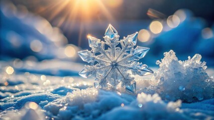 Delicate crystal formation on a transparent ice sheet in winter, icy landscape, snowflakes,  icy landscape