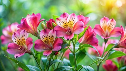 Obraz premium Vibrant pink Alstroemeria flowers in full bloom on a lush green background