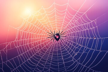 Intricate spiderweb adorned with water droplets on a colorful background