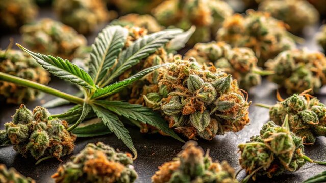 High-quality image of dried and trimmed cannabis nugs on a stem with leaves and buds scattered around , greenery, macro