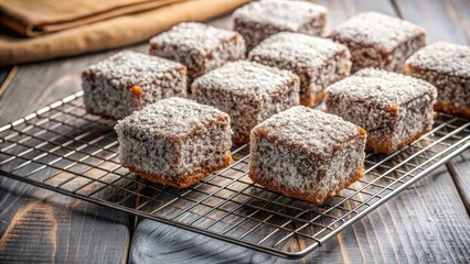Australian Lamingtons on Cooling Rack,, bakery item, dessert plate,  bakery item