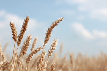 Fototapeta premium serene light wheat field under clear blue sky with soft blurred clouds in background