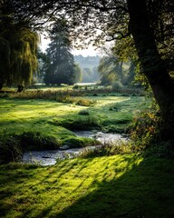 Obraz premium Sunlight Streams Through Trees On A Meadow With A Gentle Stream