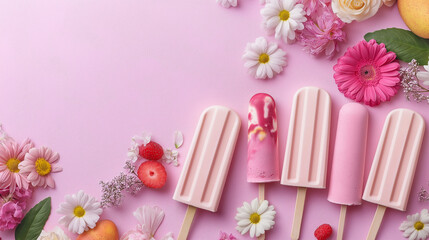 Elegant Popsicles with Edible Flowers and Fruits on Pink Background – National Ice Cream Day