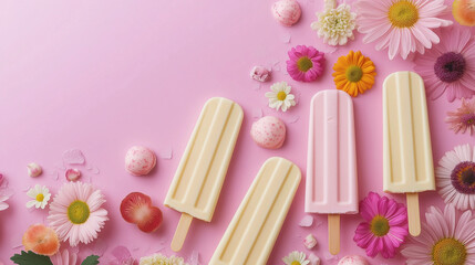 National Ice Cream Day Celebration - Floral Fruit Popsicles on Pink Background with Flowers