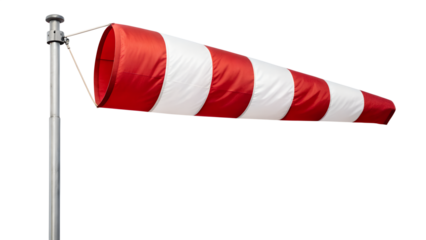 Red and white windsock mounted on a metal pole isolated on transparent background