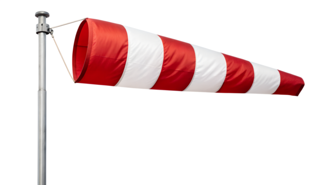 Red and white windsock mounted on a metal pole isolated on transparent background - Powered by Adobe