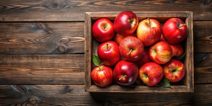 Fresh red apples neatly arranged in a wooden box , basket style, fruit photography