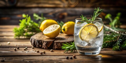 A refreshing gin and tonic cocktail garnished with a lemon slice on a rustic wooden table, surrounded by natural elements , cocktail