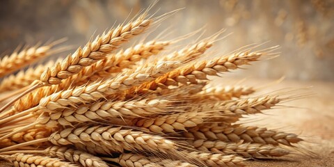 Ancient grains in close-up detail, showcasing wheat ears with delicate seed heads and intricate textures, set against a neutral background , closeup, agricultural