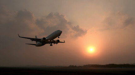 Fototapeta premium airplane takes off against stunning sunset backdrop sky painted in warm hues