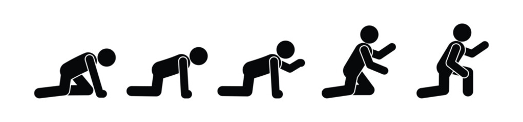 man crawling on knees and rising up, set of poses, sticks figure stickman icon, isolated human silhouette