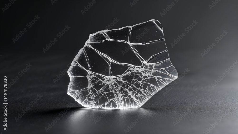 Poster transparent crystal shard displaying intricate fracture patterns on a dark surface illuminated by so