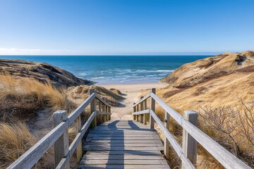 Obraz premium Wooden Pathway To Beachfront With Sand Dunes