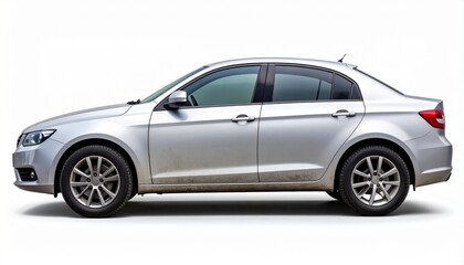Obraz premium Urban Dust-Covered Sedan – Side View Isolated on White