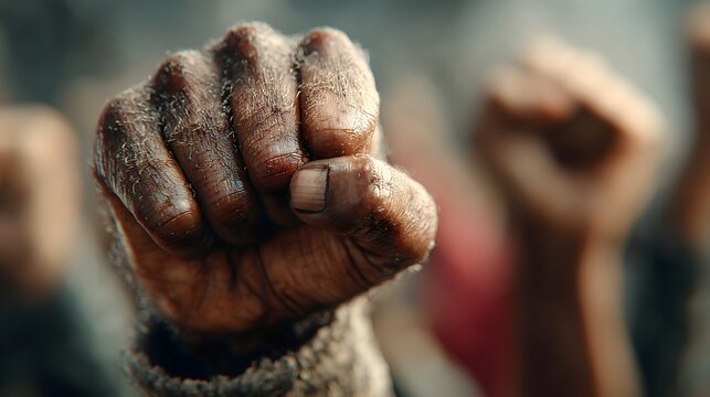 Diverse human fists raised in solidarity during a demonstration for social justice and equality on a vibrant, sunny day