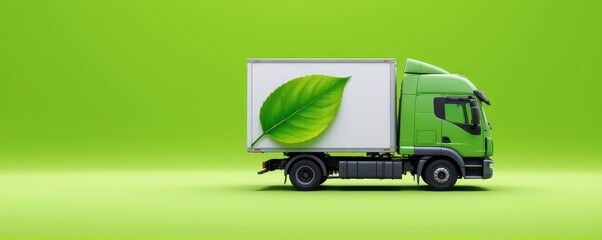 Green Delivery Truck with Leaf Design on Bright Green Background Representing Environmental Sustainability and Eco-Friendly Logistics