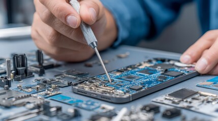 Skilled technician repairing
smartphone with precision tools
on clean workspace, close-up of
Skilled technician repairing
smartphone with precision tools
on clean workspace, close-up of
intricate comp