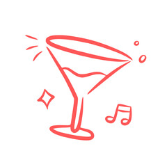 Cocktail Glass Icon with Music Notes in Hand Drawn Doodle Style Vector