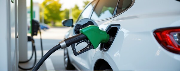 Fototapeta premium Car Fueling at Gas Station with Green Pump and Blurred Background of Trees and Modern Infrastructure