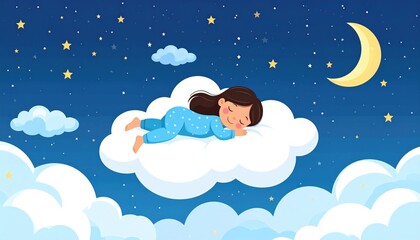 A sleeping girl dreams among the clouds, moon, and stars