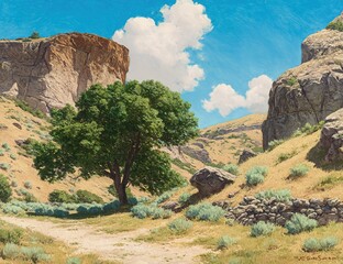 Sunny Canyon Landscape With A Large Tree